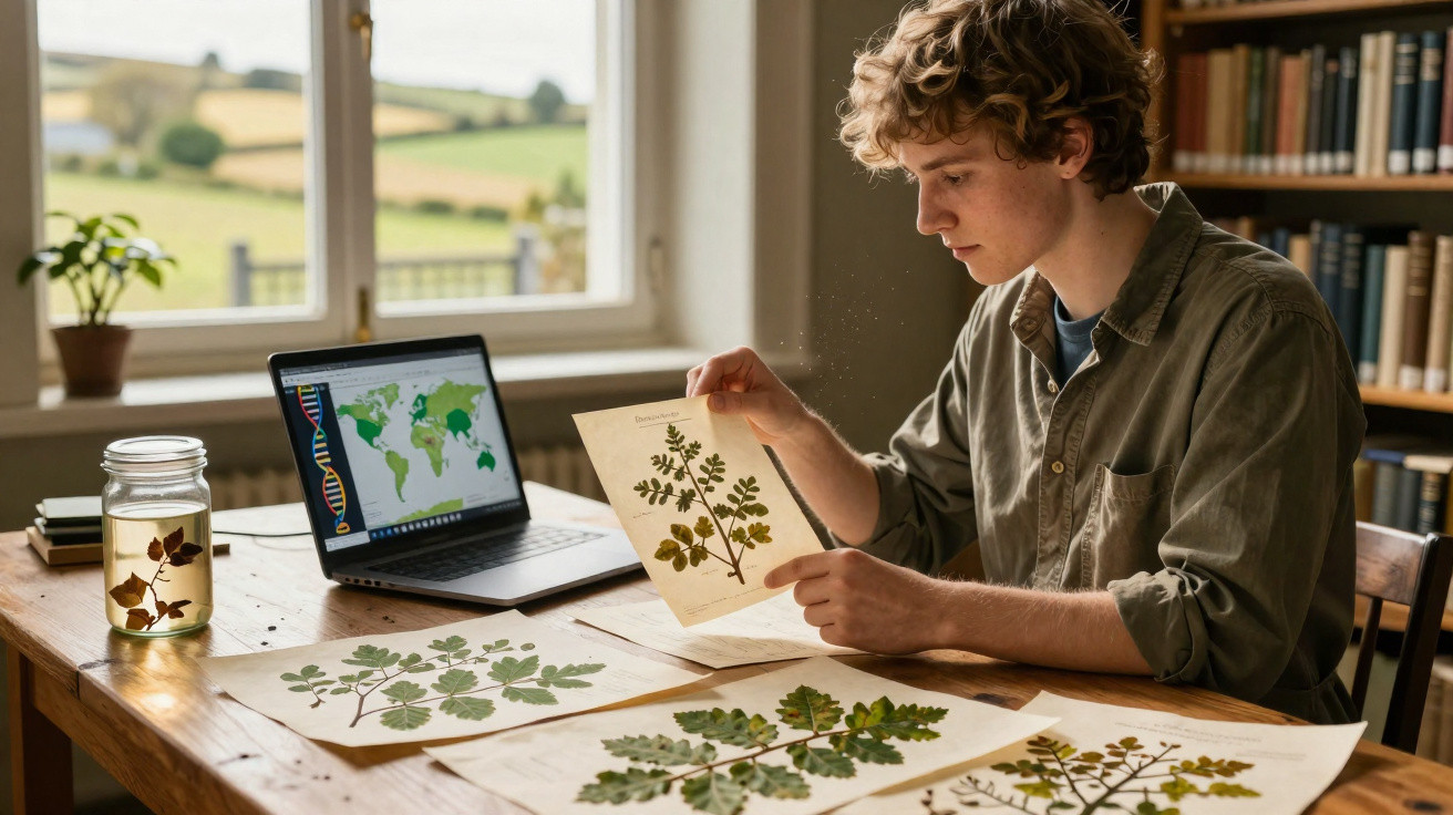 Jovem examina folhas secas e desenhos botânicos numa mesa com laptop e livros numa sala iluminada.