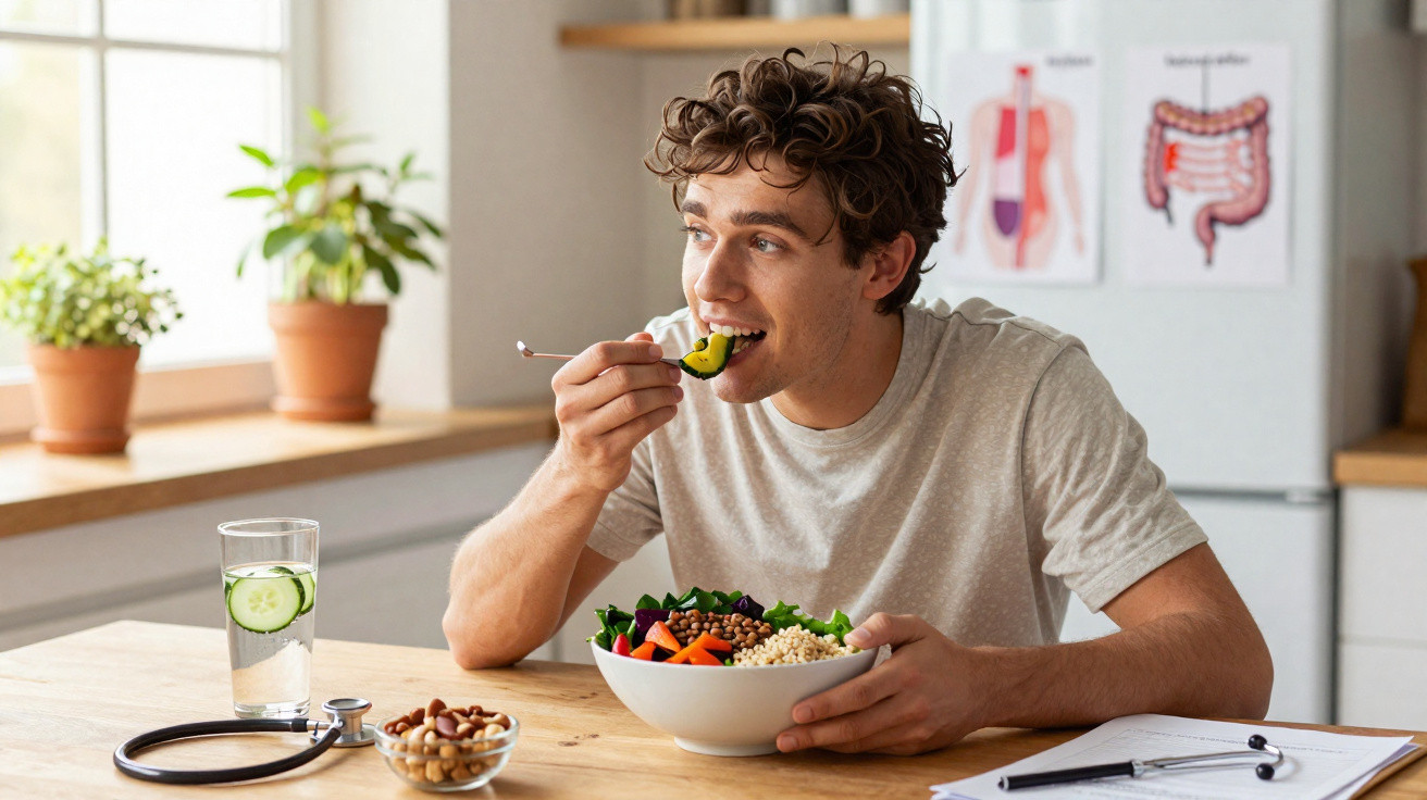 Homem jovem a comer salada saudável numa cozinha com luz natural e utensílios médicos na mesa.