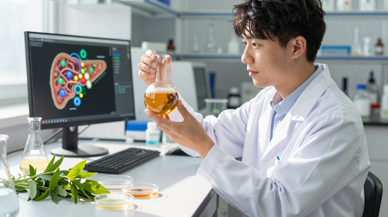 Cientista em laboratório a analisar líquido amarelo em tubo de ensaio com planta e cultura celular na mesa.