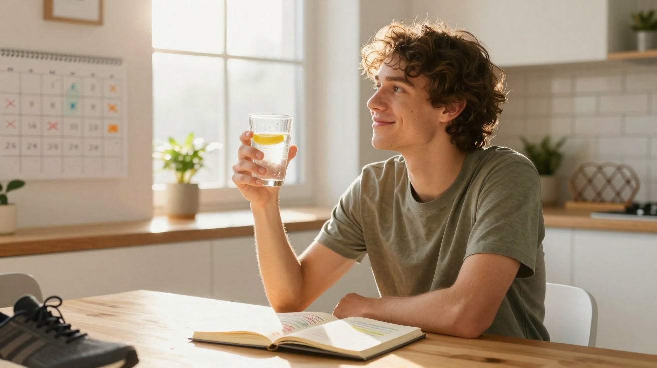 Jovem sentado à mesa com um livro aberto, segurando um copo de água com uma rodela de limão.