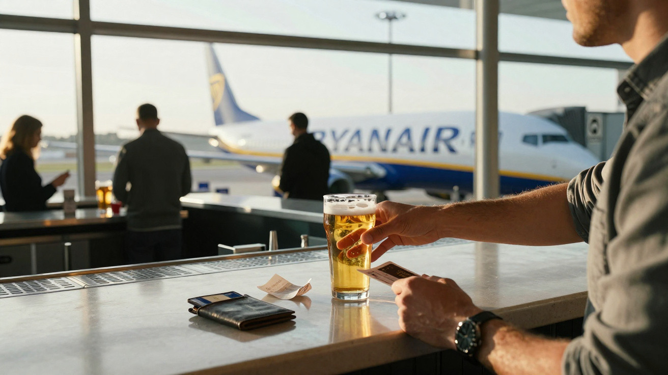 Pessoa segurando cartão de crédito junto a um copo de cerveja num bar de aeroporto com avião Ryanair ao fundo.