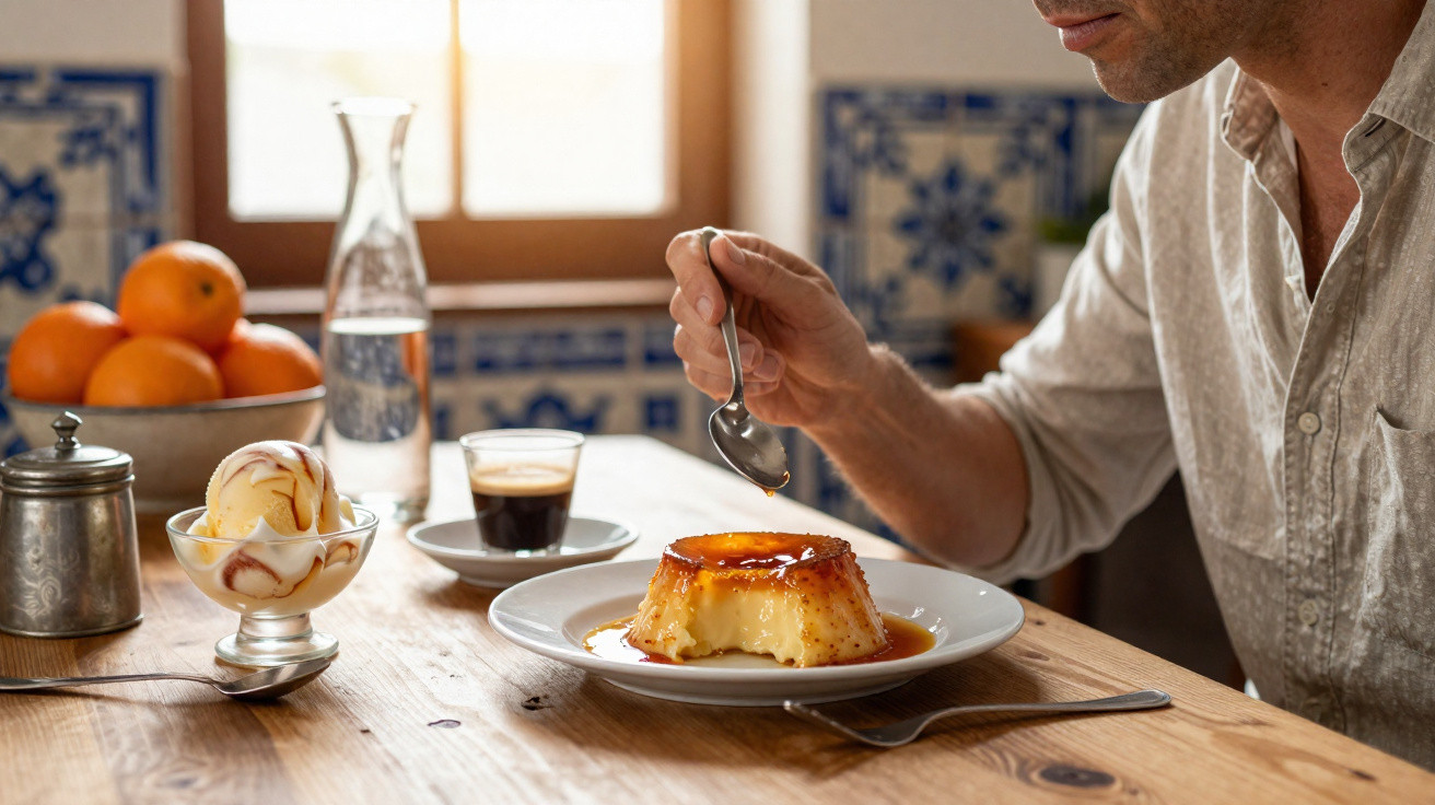 Pessoa a comer pudim com caramelo, gelado e café numa mesa de madeira junto a uma janela com azulejos portugueses.