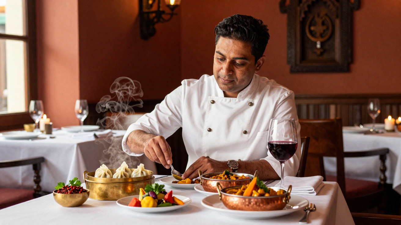 Chef indiano a servir comida tradicional numa mesa de restaurante elegante.