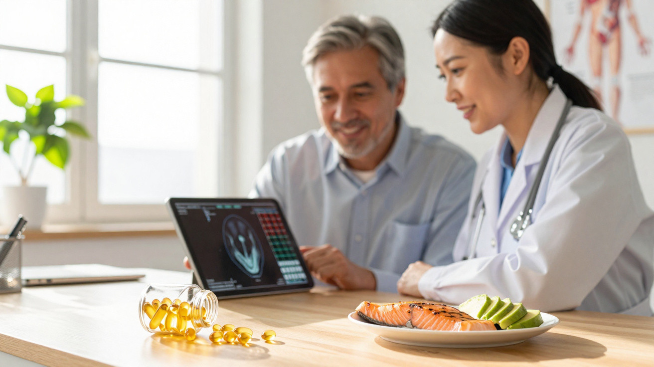 Médica a explicar a um paciente imagens no tablet, com cápsulas de suplemento e prato com salmão e abacate na mesa.