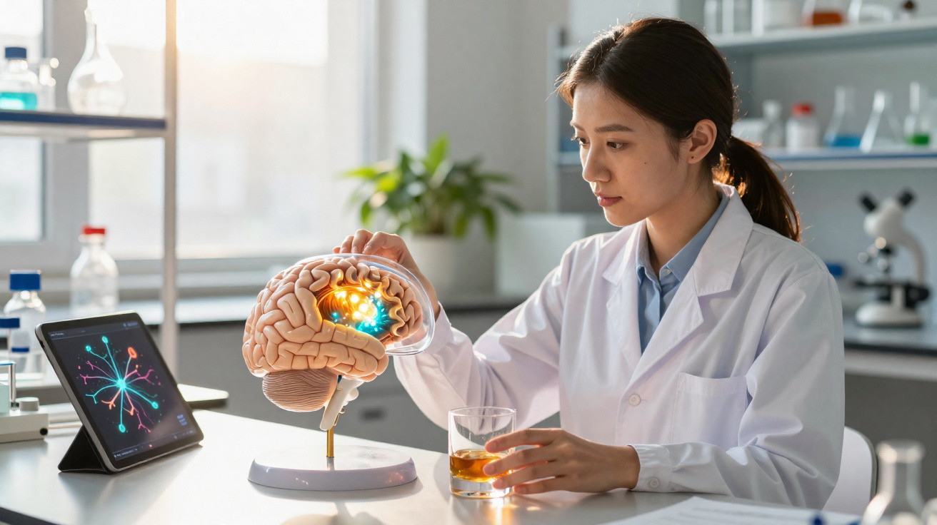 Cientista em laboratório analisa modelo de cérebro com representação digital de atividade cerebral.