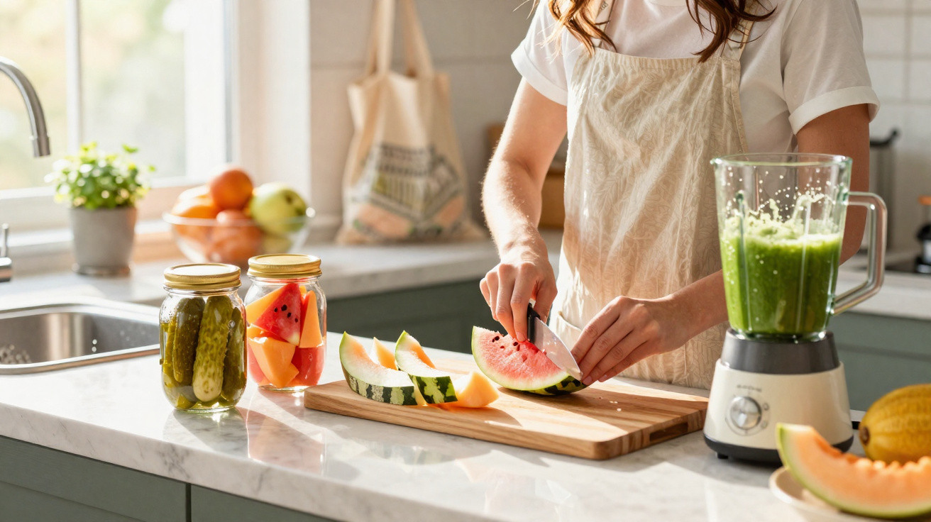 Pessoa a cortar fatias de melancia numa cozinha luminosa, com liquidificador e frascos na bancada.