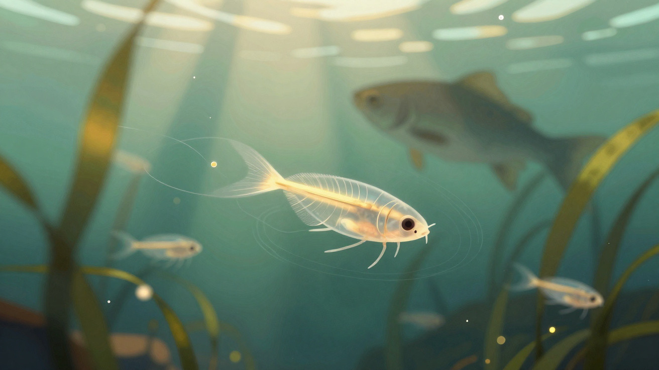 Peixe translúcido a nadar em águas claras com plantas aquáticas e raios de luz a penetrar a superfície.