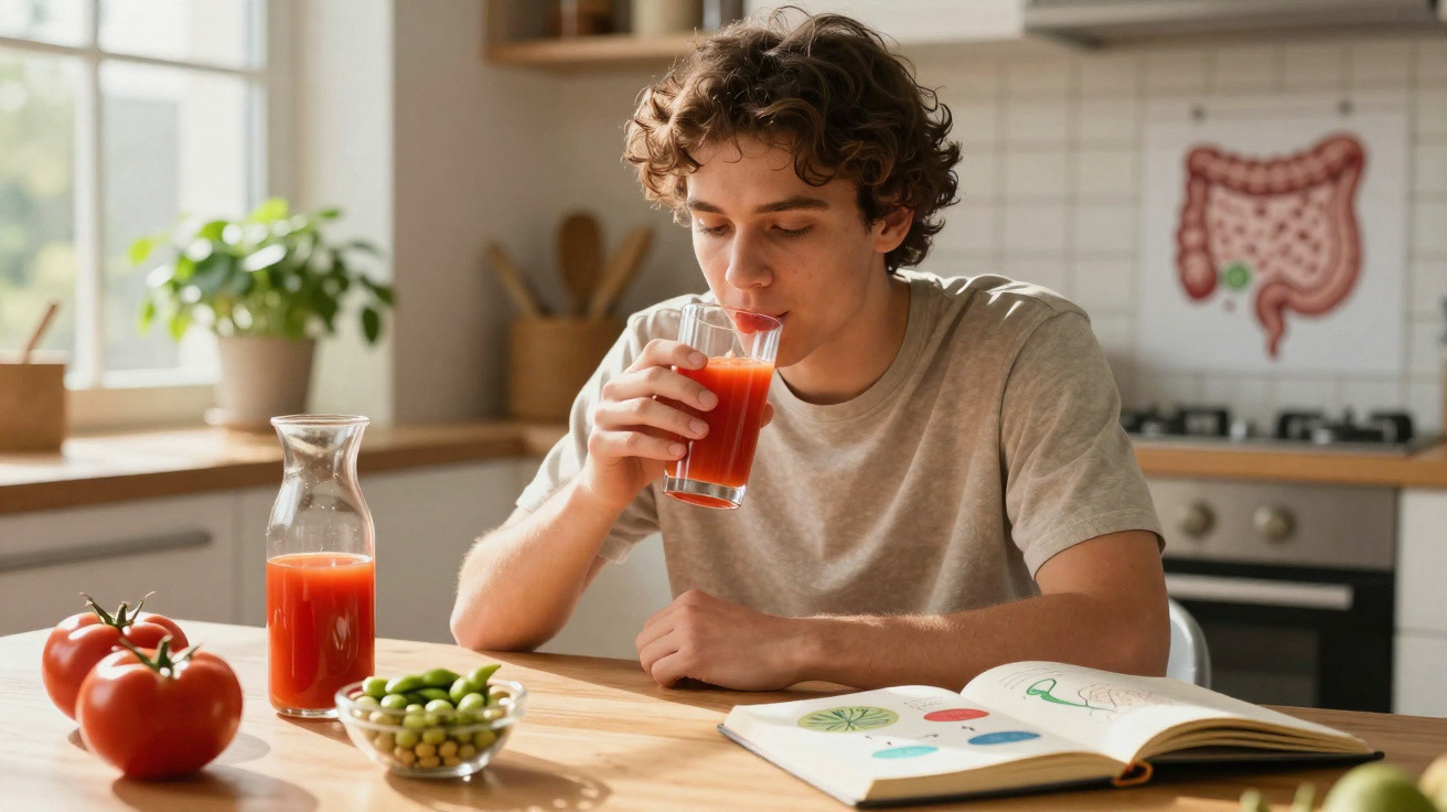 Homem jovem bebe sumo de tomate na cozinha, com legumes e livro aberto à sua frente.