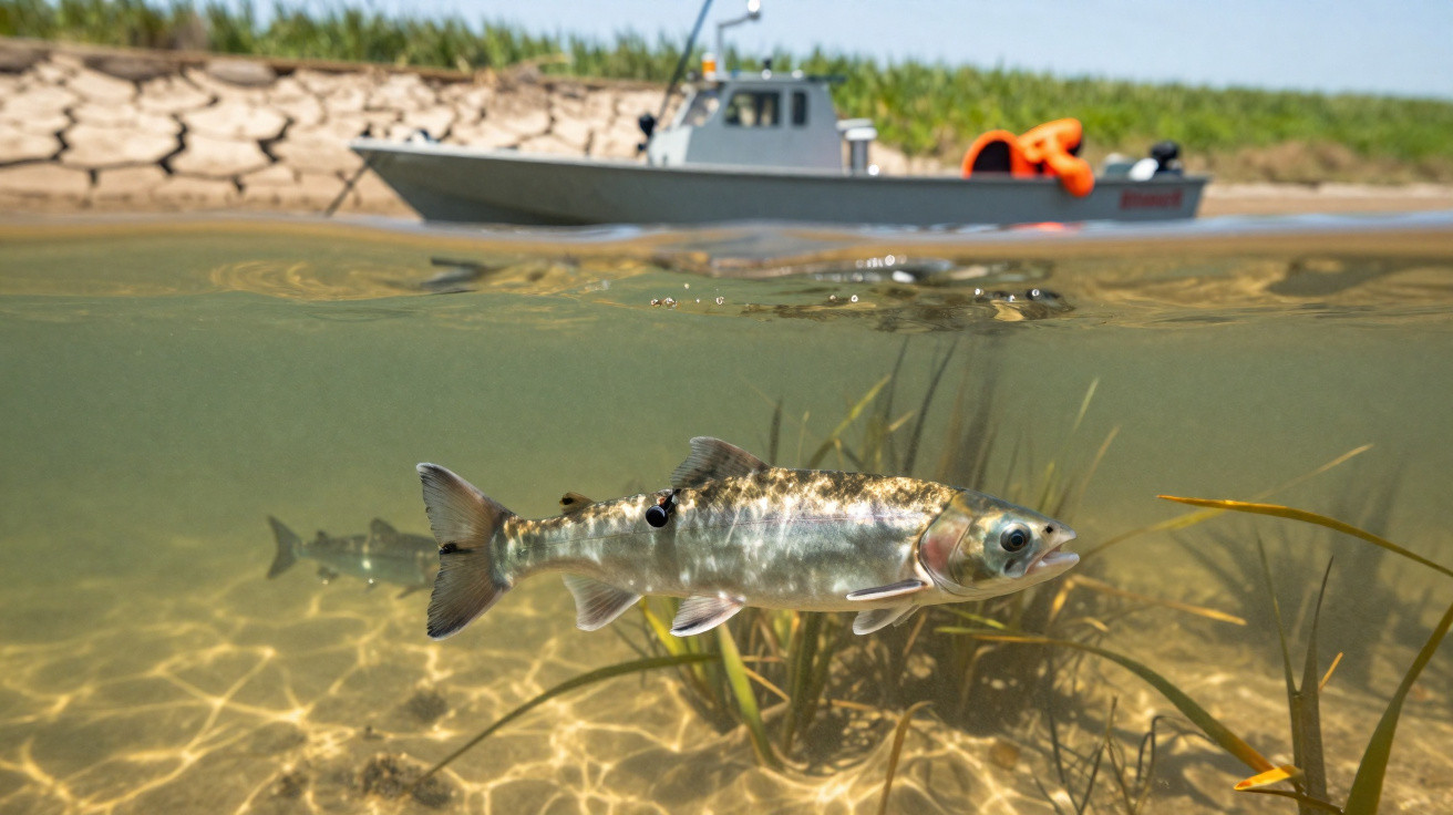 Peixe a nadar em água clara junto a plantas aquáticas, com barco e margens ao fundo.