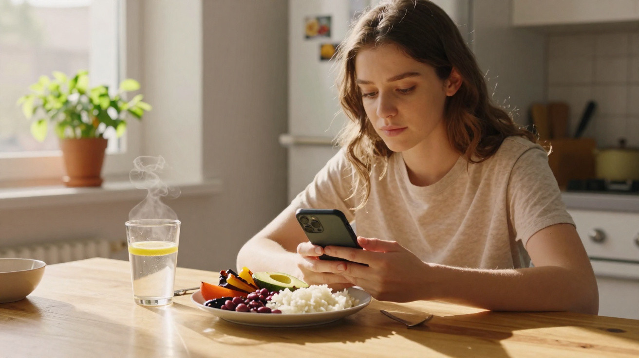 Jovem mulher sentada à mesa com prato de comida e copo de água, a olhar para o telemóvel na cozinha iluminada.