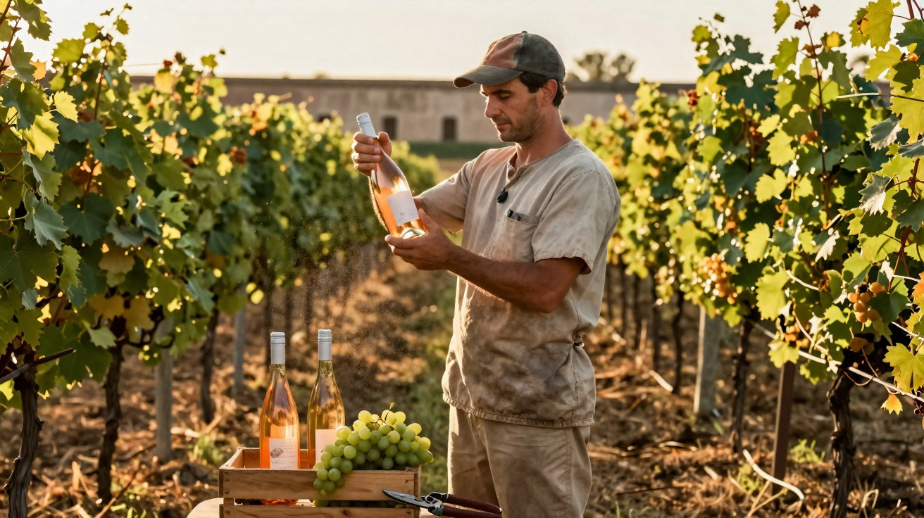 Homem numa vinha a examinar uma garrafa de vinho rosé, com cachos de uvas e mais garrafas sobre caixa de madeira.