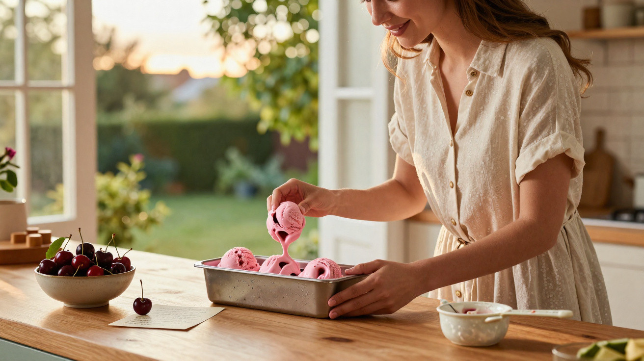 Mulher a servir gelado cor-de-rosa numa forma metálica, numa cozinha com janela aberta e luz natural.