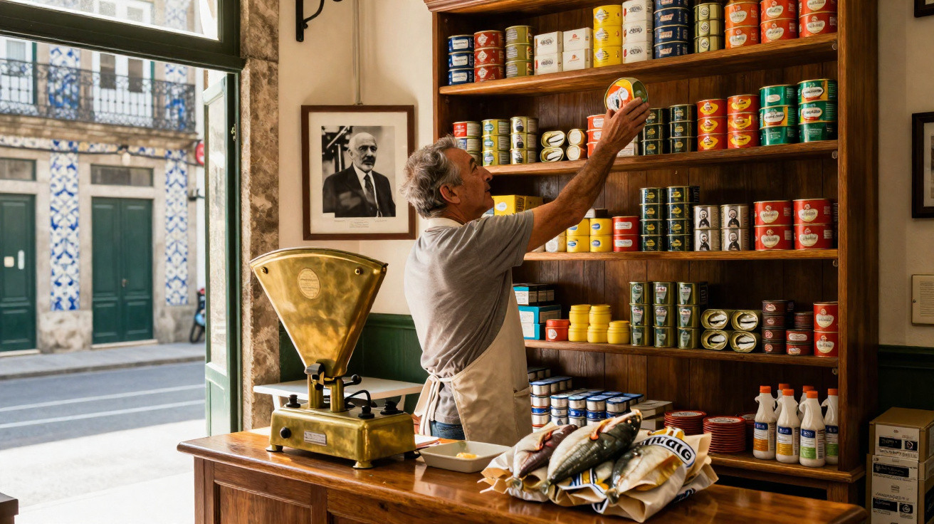 Homem a organizar latas de conserva numa loja tradicional de produtos alimentares com peixe e balança antiga.
