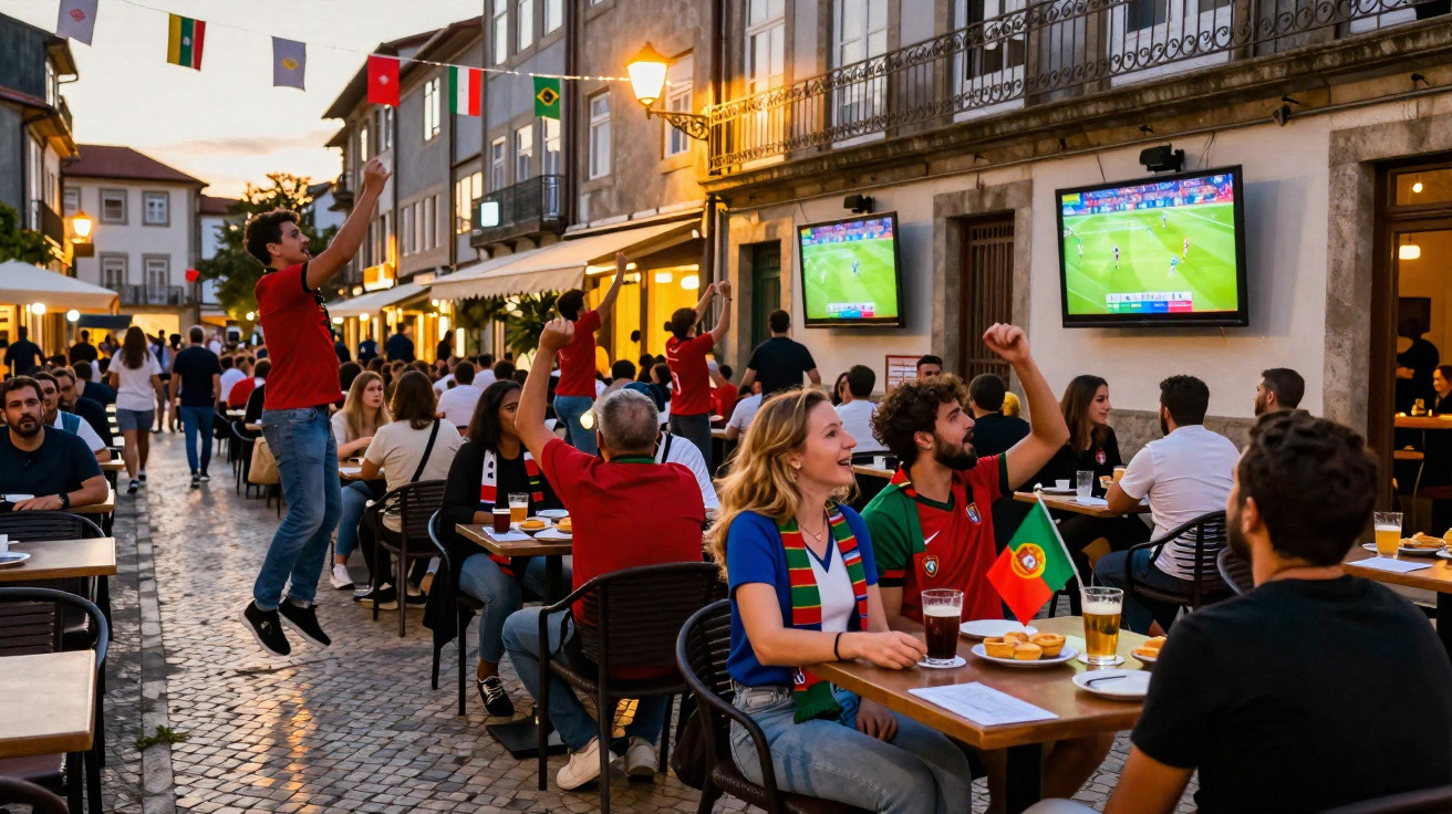 Pessoas em esplanada a assistir a jogo de futebol em écrans, celebrando com bandeira de Portugal ao entardecer.