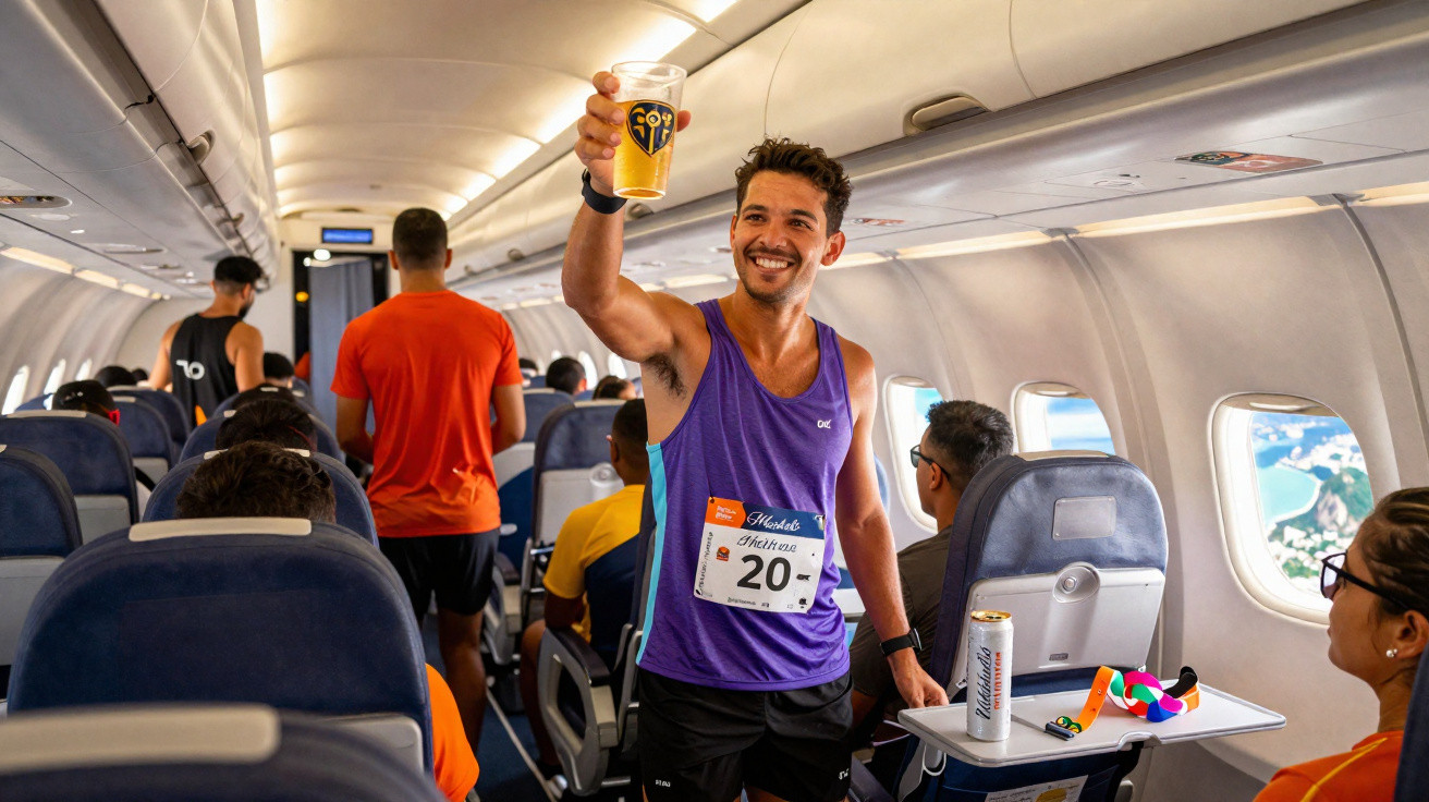 Homem com fato de corrida festeja com bebida dentro de avião, rodeado por outros passageiros sentados.