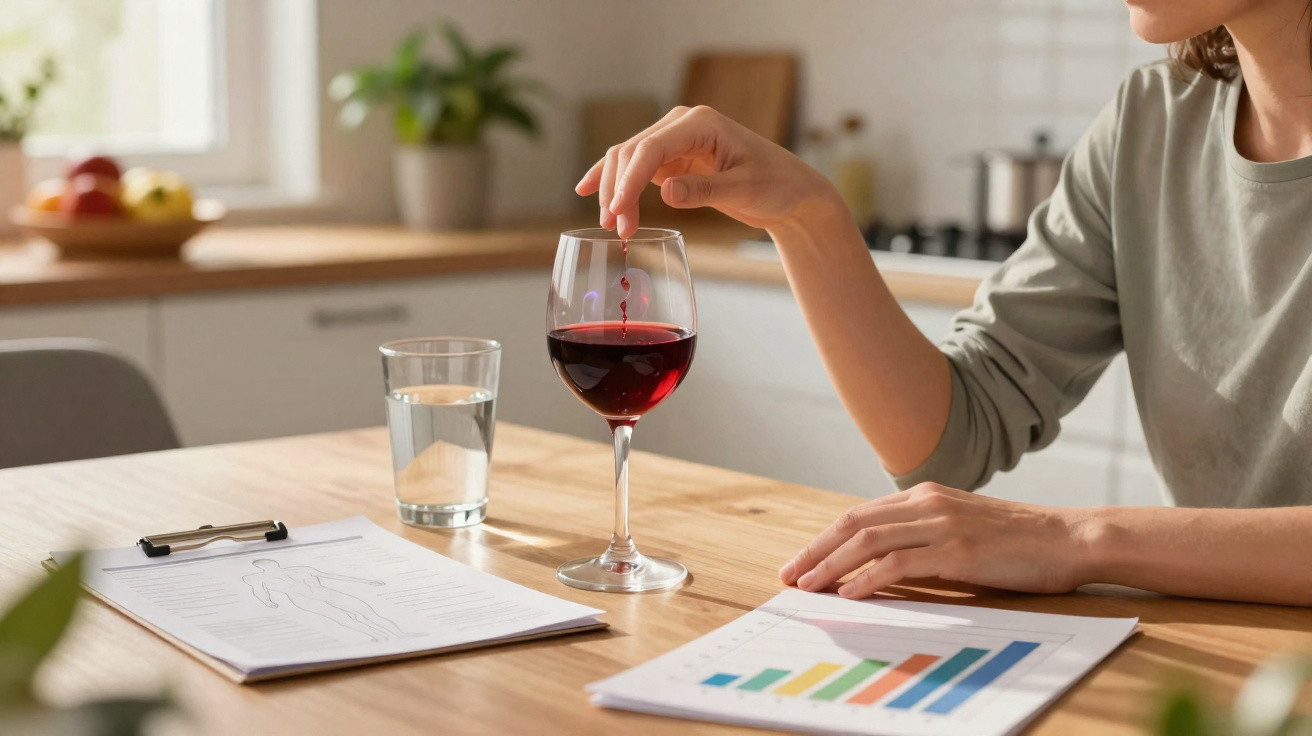 Pessoa sentada à mesa com um copo de vinho tinto, um copo de água e documentos com gráficos e figuras.