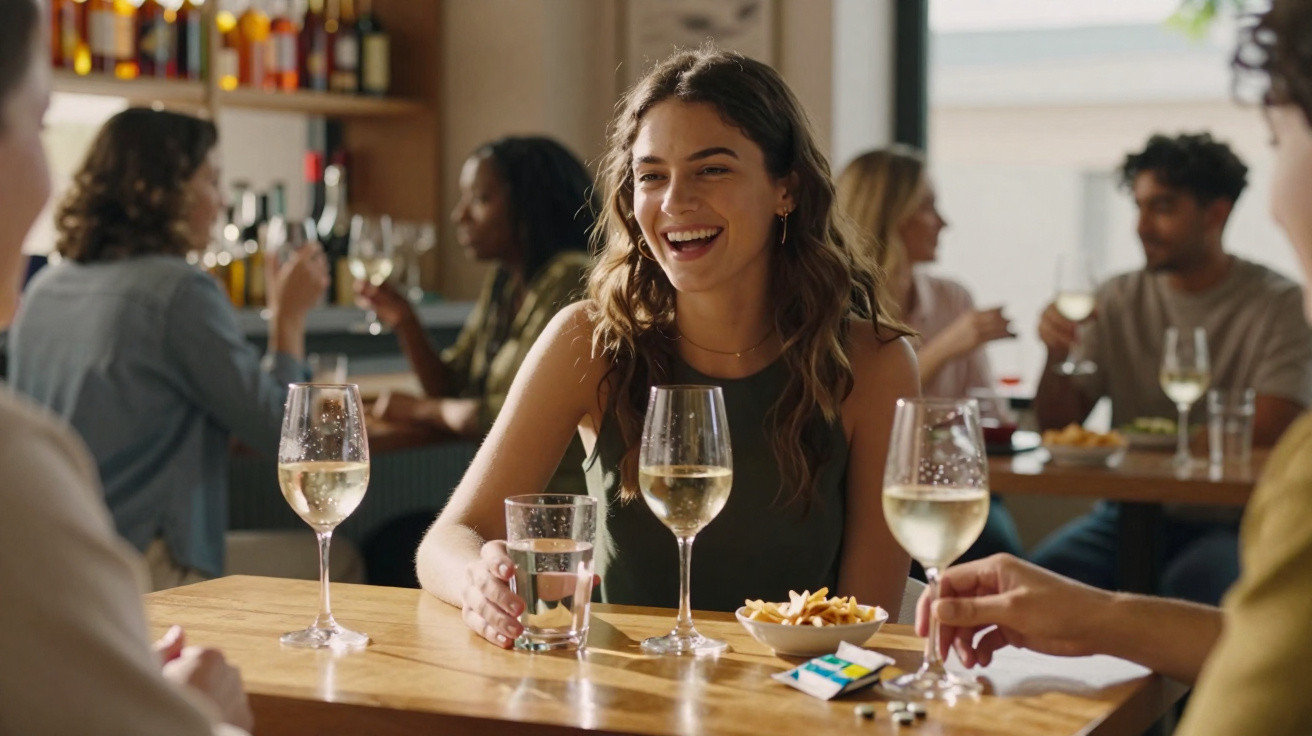 Jovem mulher sorridente sentada numa mesa de bar com copos de vinho e petiscos, rodeada por amigos.