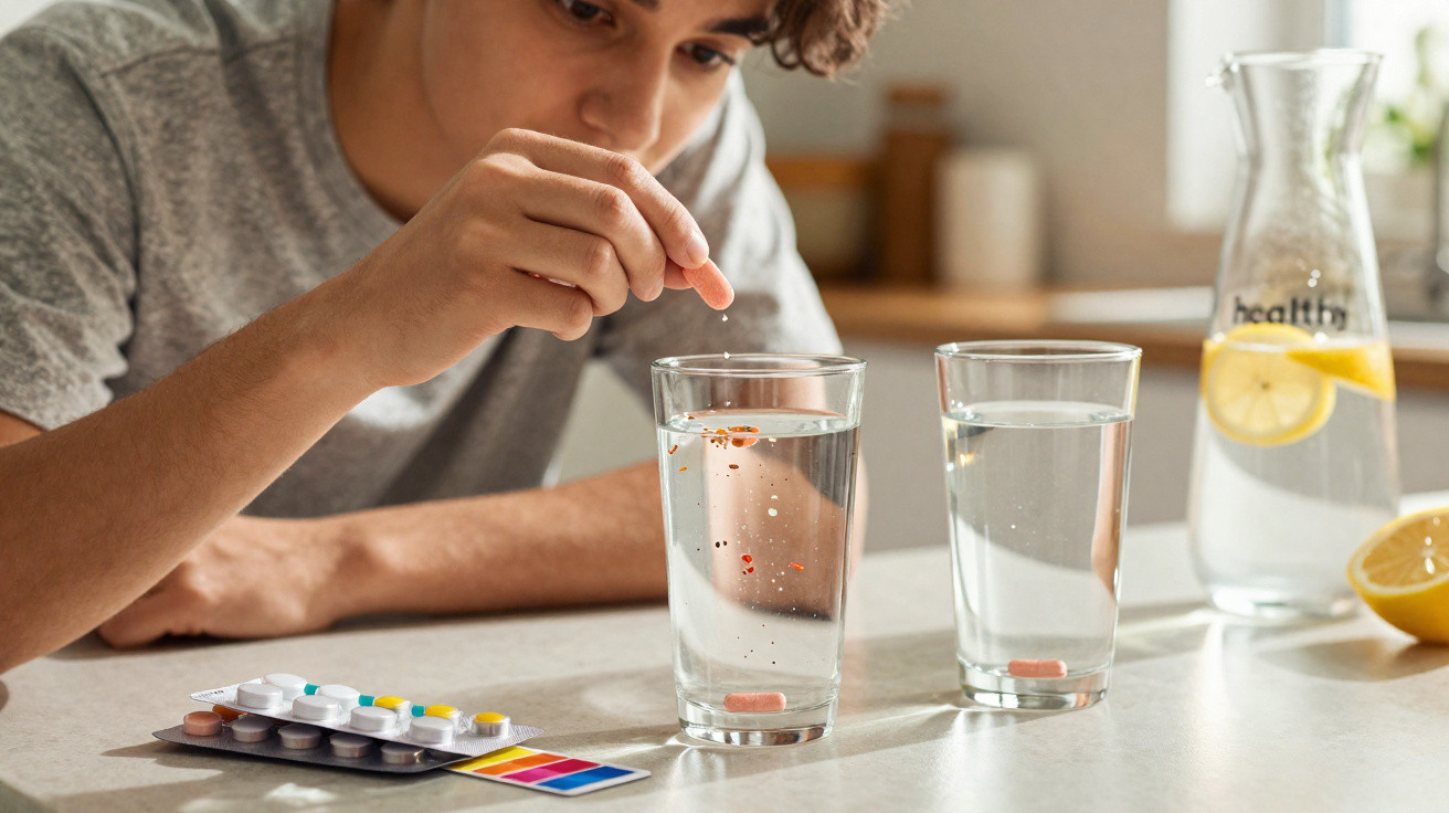 Pessoa a colocar pastilhas efervescentes em copos de água, com jarra e limão na mesa.