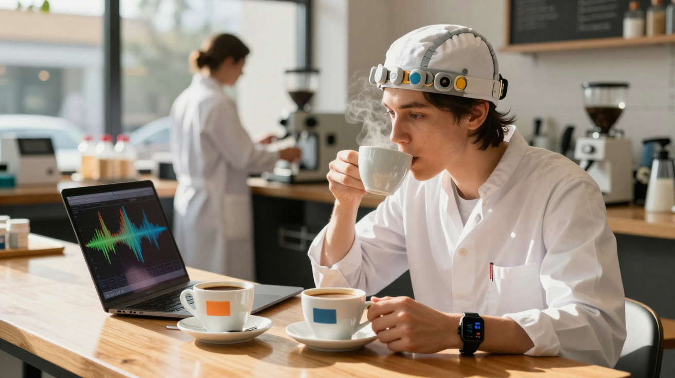 Homem com traje de laboratório e dispositivo EEG na cabeça prova café junto a computador com gráfico de ondas.