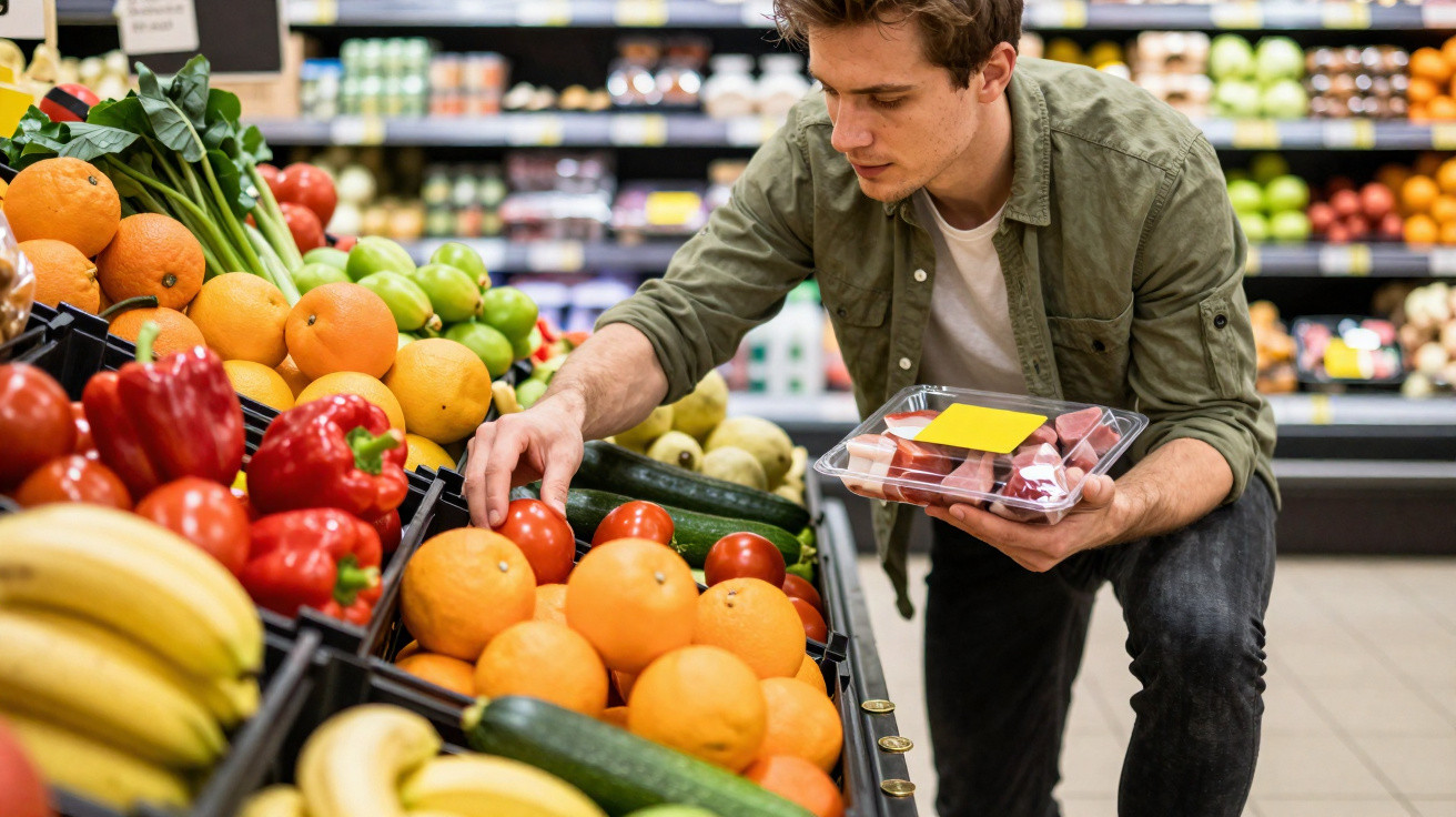 Homem a escolher frutas frescas na secção de frutas num supermercado.