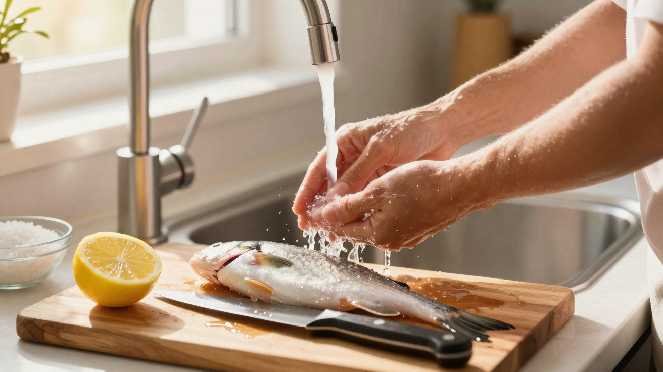 Mãos a lavar peixe fresco debaixo de torneira na cozinha com limão e faca numa tábua de cortar.