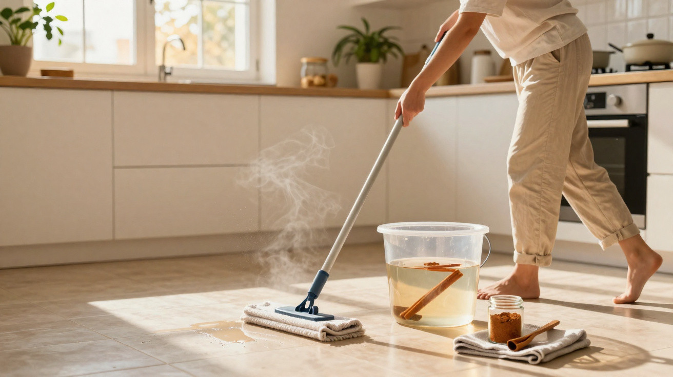 Pessoa a limpar o chão da cozinha com esfregona a vapor, com balde e utensílios à vista.