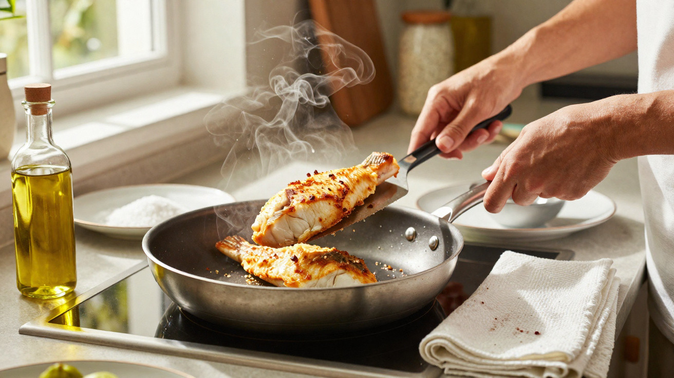 Mãos a cozinhar filetes de peixe dourados numa frigideira com azeite num fogão de cozinha moderno.