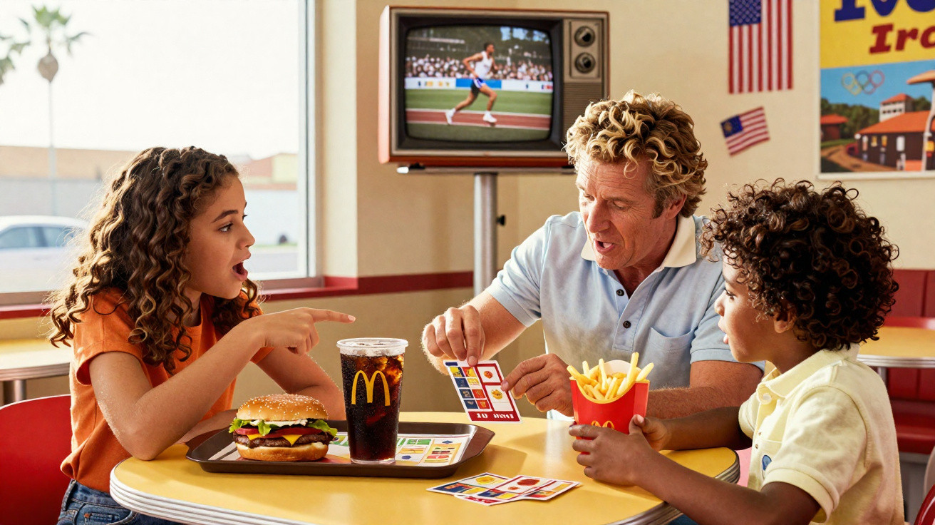 Família joga bingo numa mesa de McDonald's com hambúrguer, batatas fritas e bebida a assistir corrida na TV.