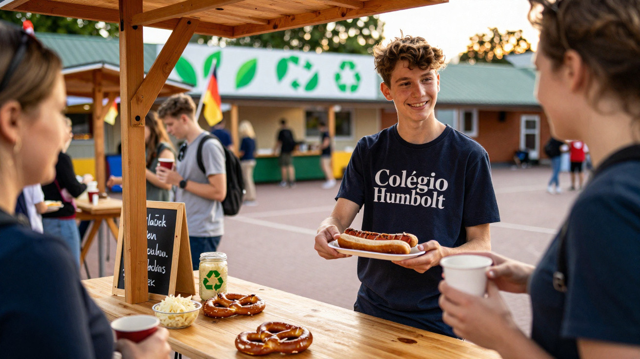Jovem serve cachorro quente a pessoa num evento ao ar livre com pretzels e decoração de reciclagem ao fundo.