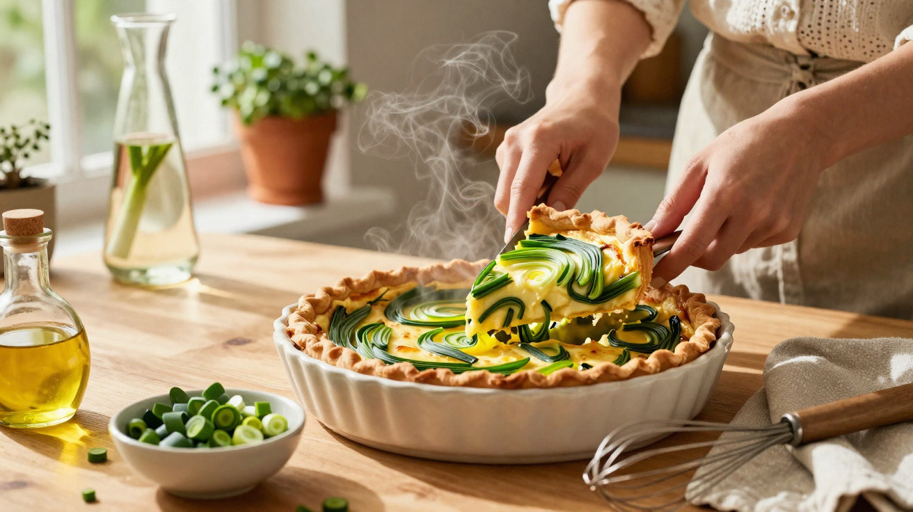 Mãos a servir fatia de tarte quente com legumes verdes numa tigela branca numa cozinha iluminada.