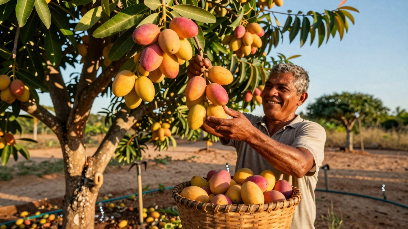 Homem feliz colhe mangas maduras de árvore numa quinta ao ar livre com cesta cheia de fruta.
