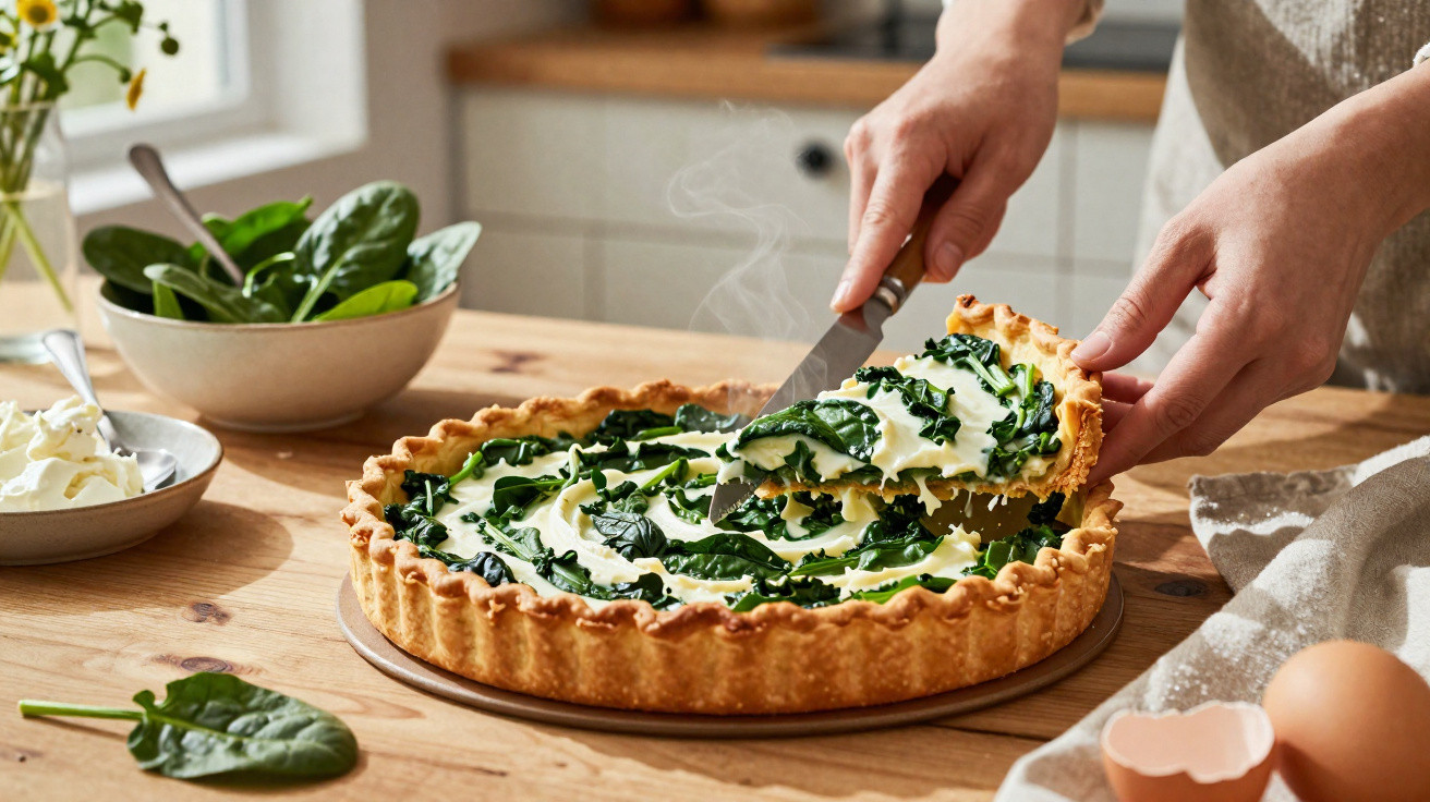 Pessoa a cortar uma fatia quente de tarte caseira de espinafres com base dourada numa cozinha.