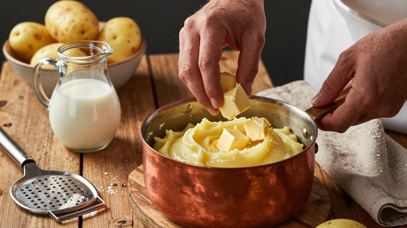 Mãos a adicionar pedaços de manteiga a puré de batata numa panela de cobre numa mesa de madeira.