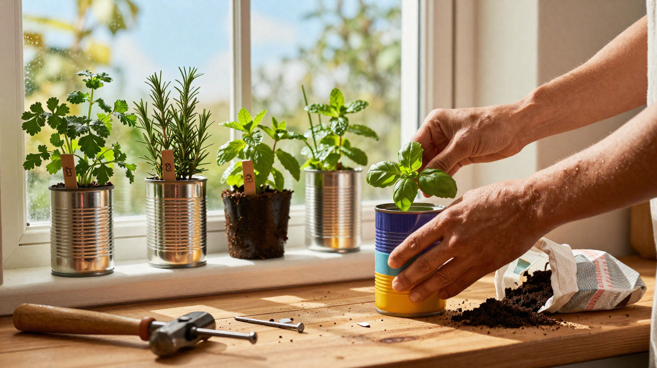 Mãos a transplantar planta de manjericão para lata colorida numa janela com outras ervas e ferramentas.
