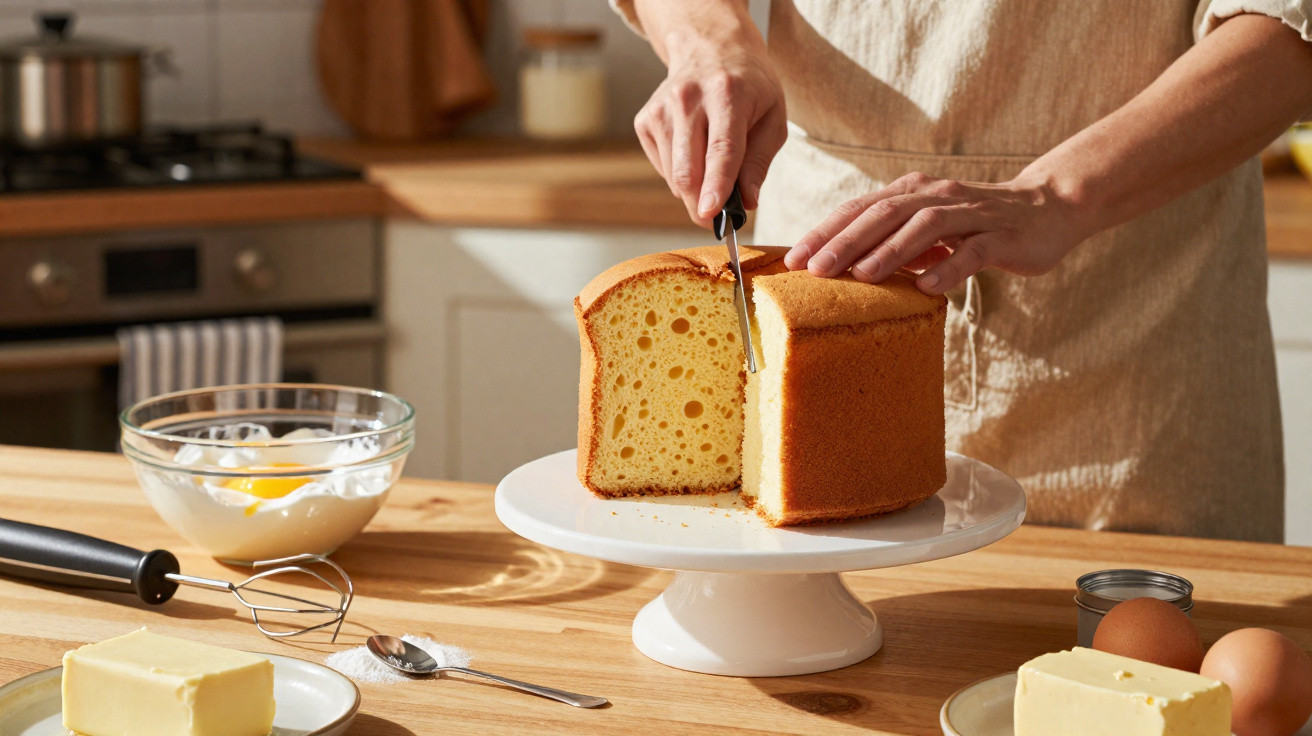 Pessoa a cortar um bolo fofo amarelo sobre suporte branco numa cozinha com ingredientes à volta.