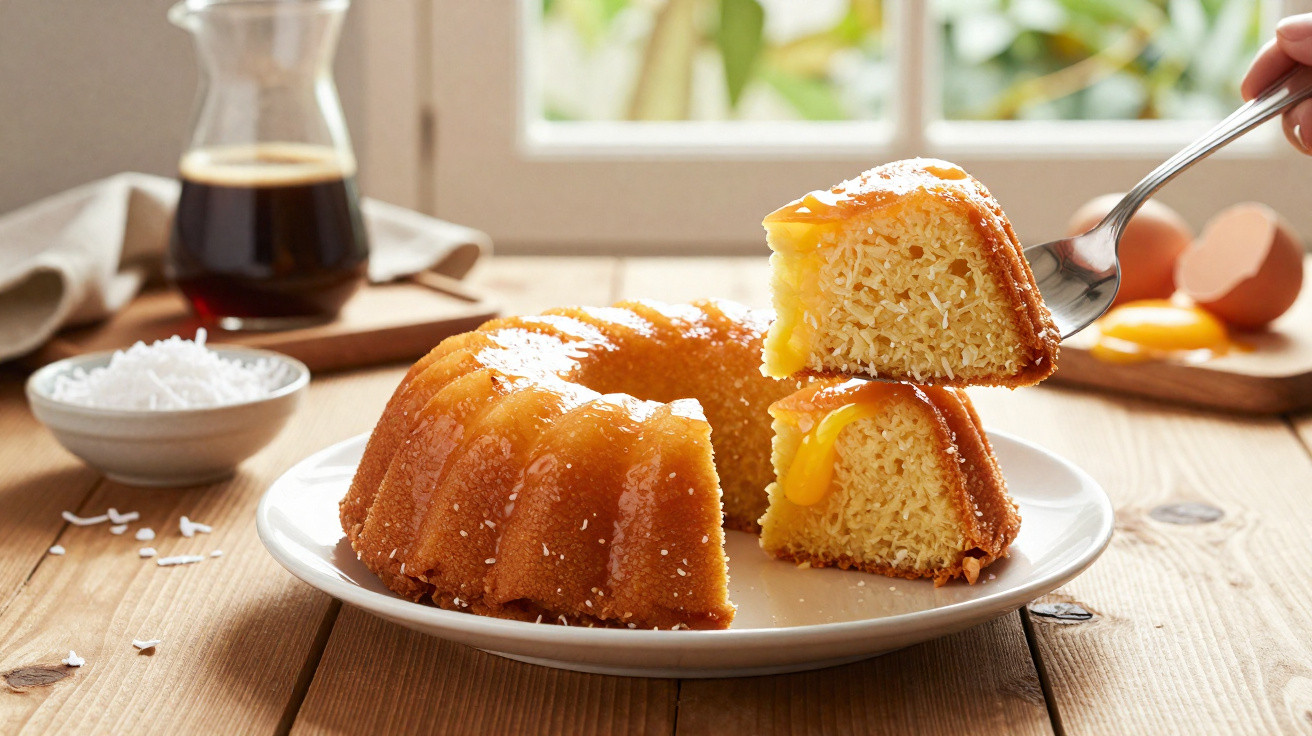 Bolo amarelo com cobertura de caramelo e coco ralado numa mesa de madeira junto a uma janela.