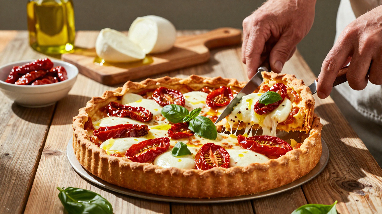 Pessoa a cortar uma tarte rústica com queijo derretido, tomates secos e manjericão, sobre mesa de madeira.