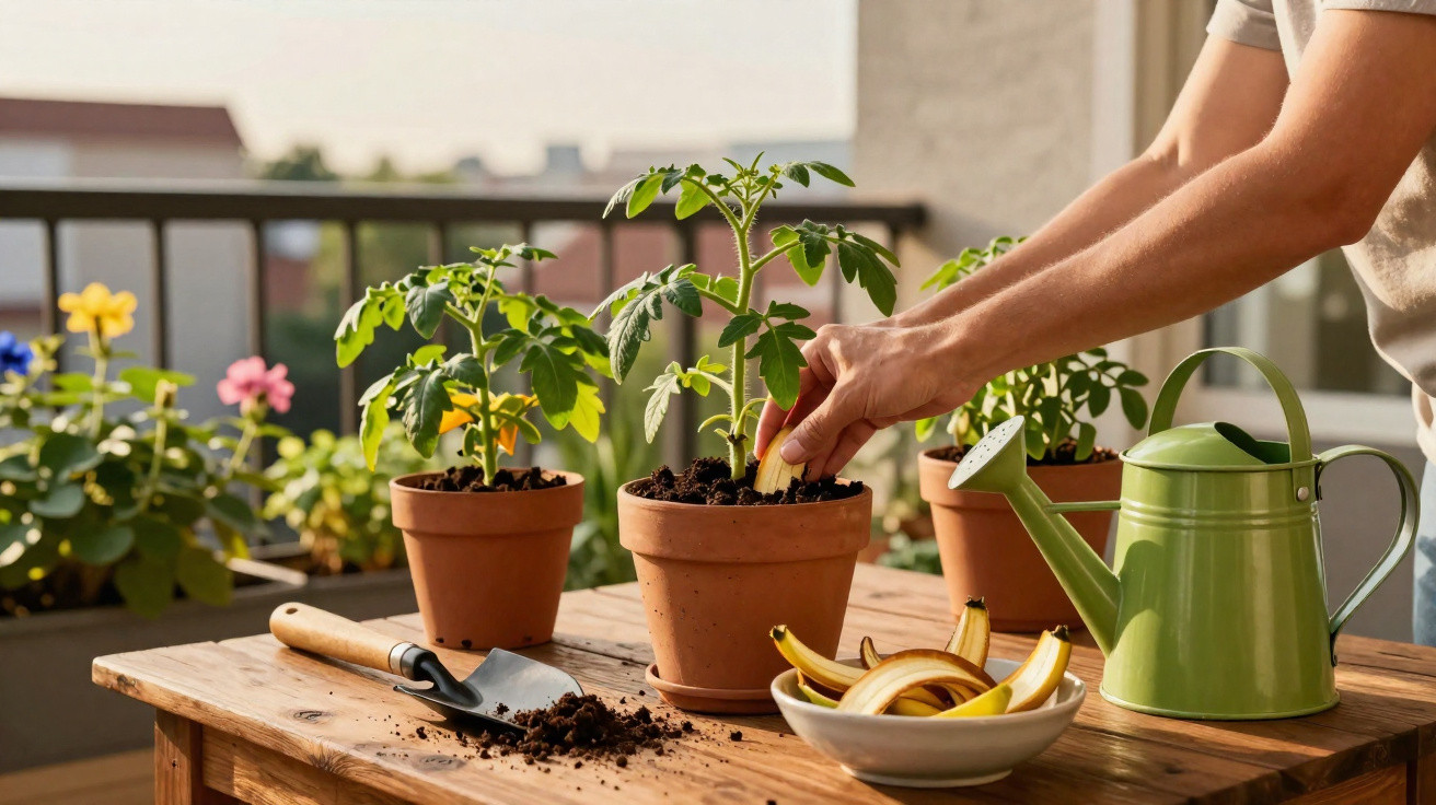 Mãos a plantar banha de banana em vaso com muda numa mesa de madeira com regador e outras plantas.