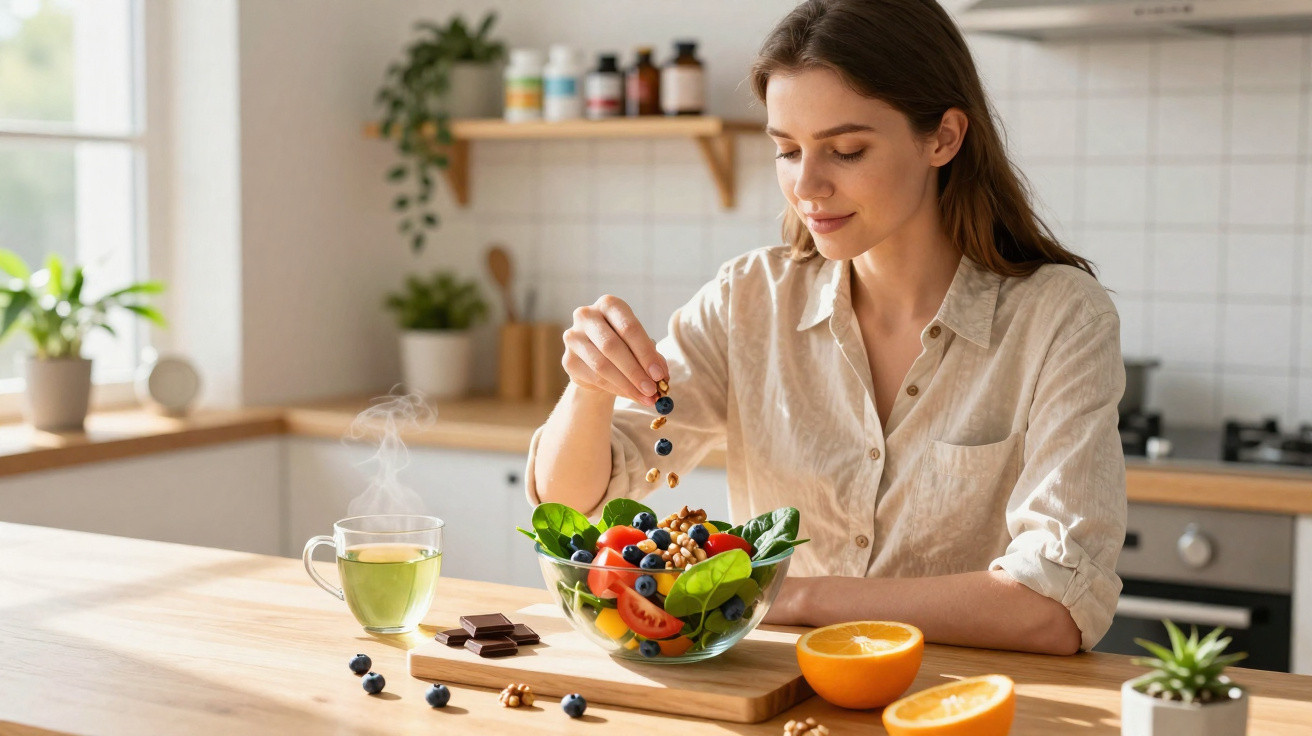 Mulher a colocar mirtilos numa salada fresca de legumes numa cozinha luminosa e moderna.