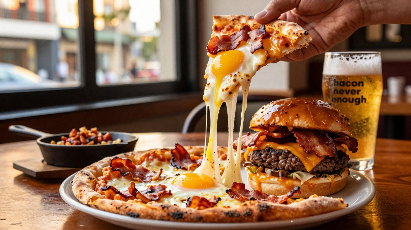 Pizza com ovo, bacon e queijo derretido, hambúrguer com bacon, cheddar e bebida num copo de cerveja.