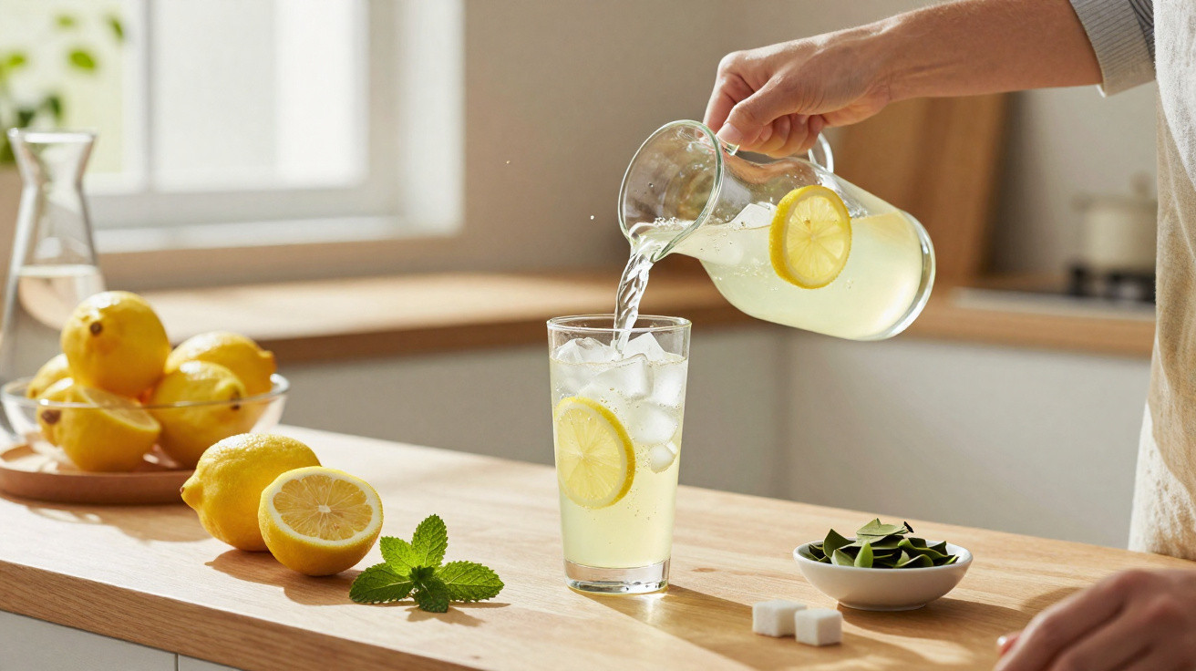 Pessoa a servir limonada com rodelas de limão e gelo num copo numa cozinha iluminada.