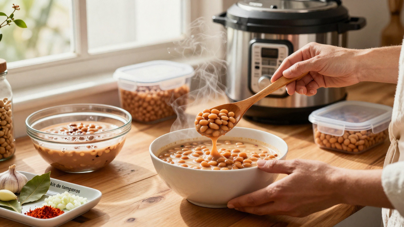 Taça de sopa fumegante com feijão, mãos a mexer com colher de pau numa cozinha luminosa.