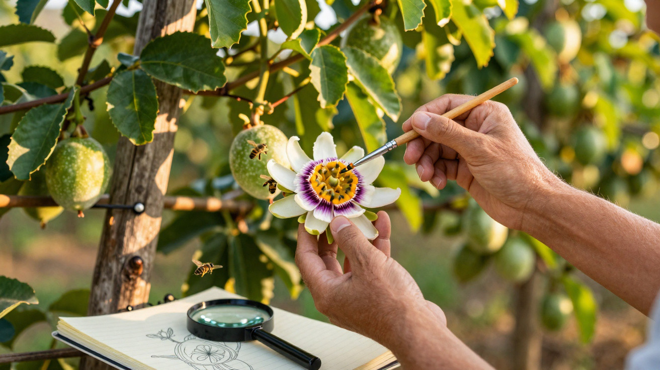 Mãos seguram e pintam uma flor de maracujá, rodeada por abelhas, com um caderno de desenho e lupa abaixo.
