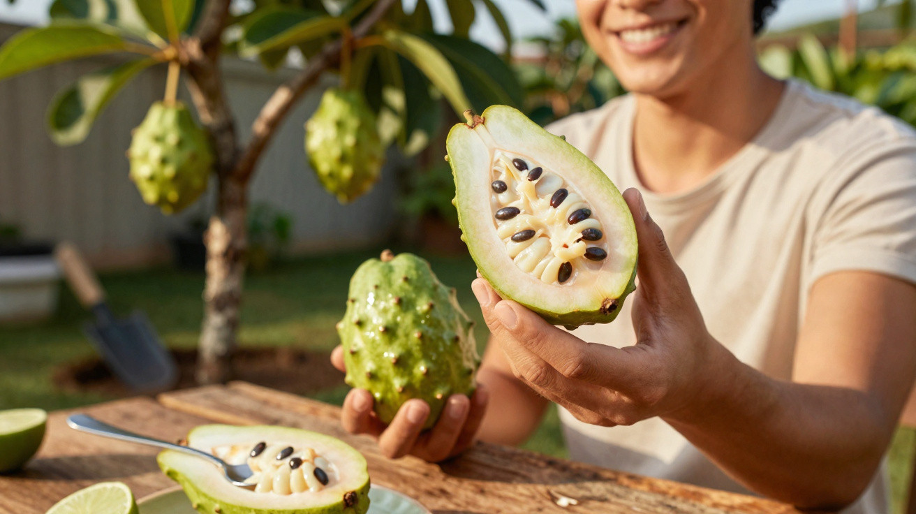 Pessoa a segurar fruta exótica cortada ao meio com sementes pretas e polpa branca, em jardim com árvore da mesma fruta.