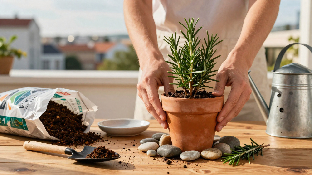 Pessoa a cuidar de planta em vaso de barro numa mesa com terra, pedras e regador ao lado.