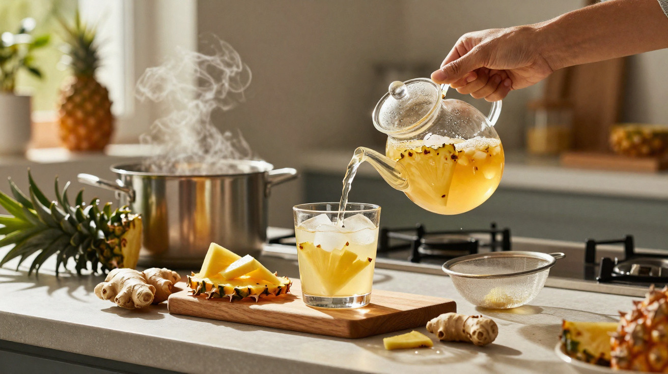 Pessoa a servir chá de ananás e gengibre num copo com gelo numa cozinha moderna.