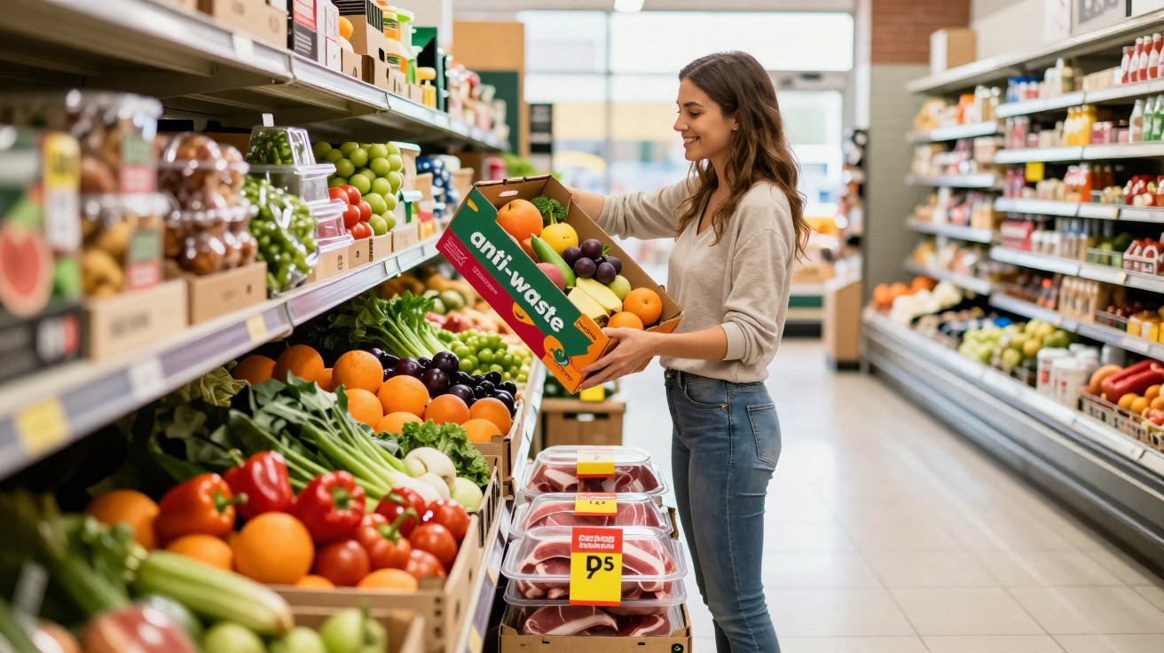 Mulher sorridente a escolher fruta fresca numa caixa numa mercearia com diversas frutas e legumes.