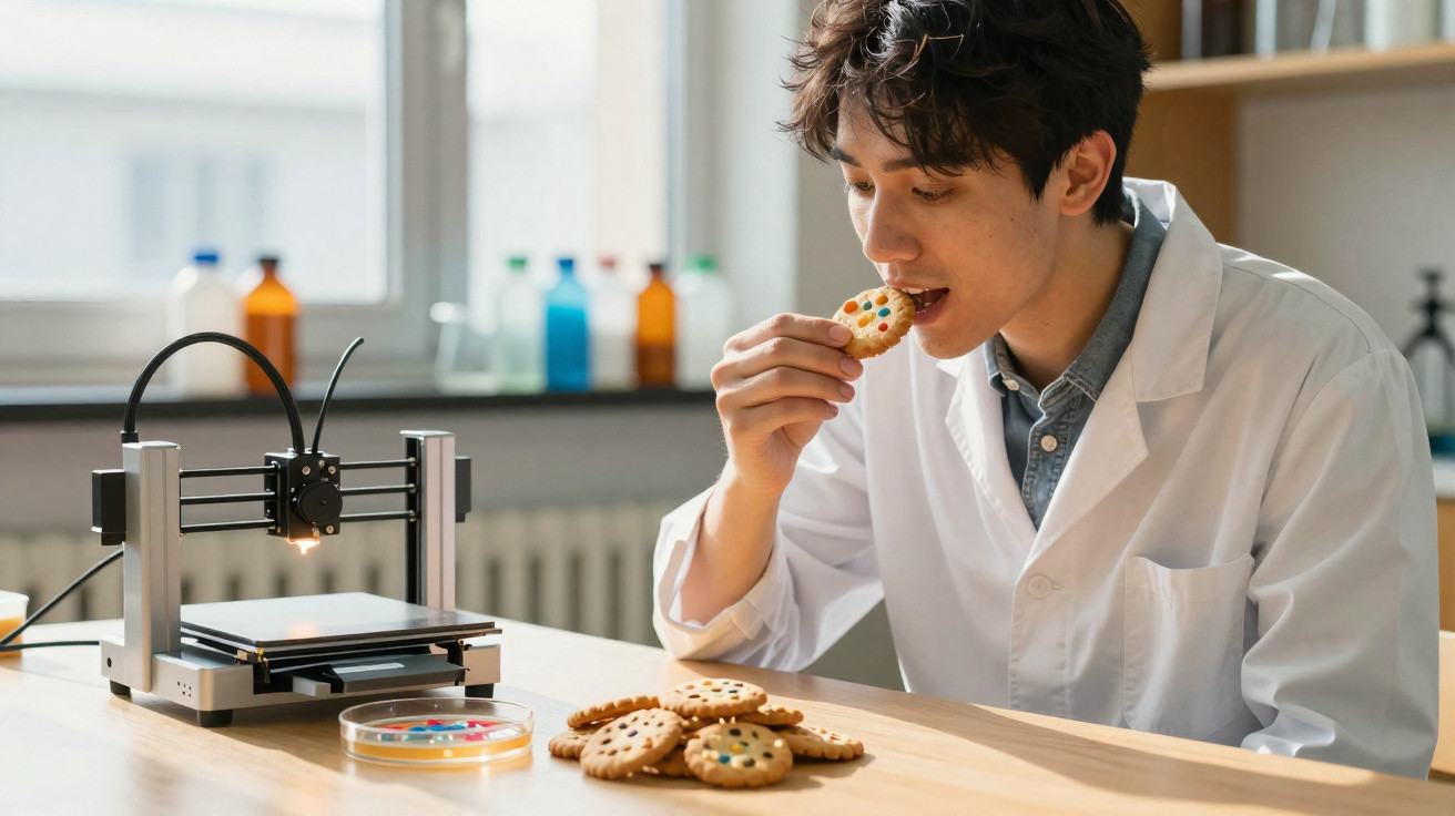Jovem cientista com bata branca a comer bolachas coloridas, ao lado de impressora 3D numa mesa.