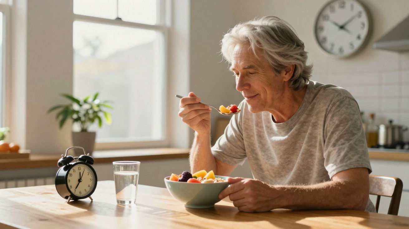 Homem sénior a comer uma taça de fruta na cozinha, com relógio e copo de água na mesa.