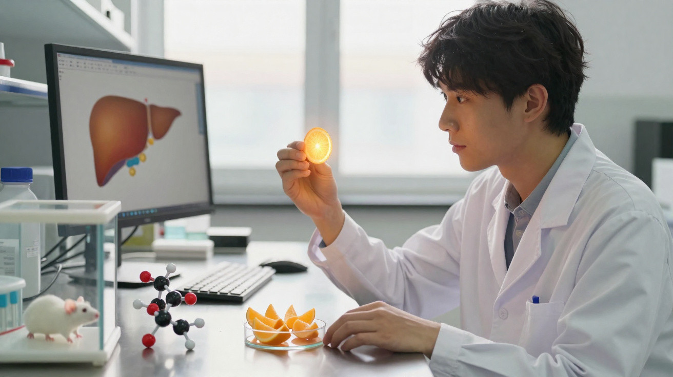 Cientista em laboratório analisa uma fatia de laranja com modelo de fígado no ecrã do computador.
